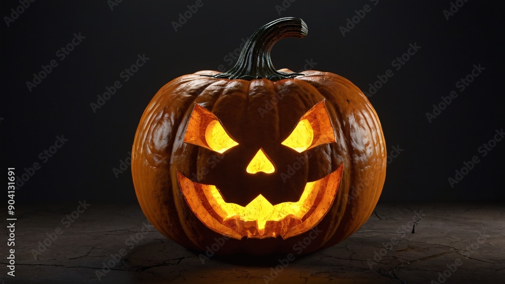 Halloween Night Decoration: Glowing Jack-O'-Lantern with Creepy Carved Face Halloween Night Decoration: Glowing Jack-O'-Lantern with Creepy Carved Face