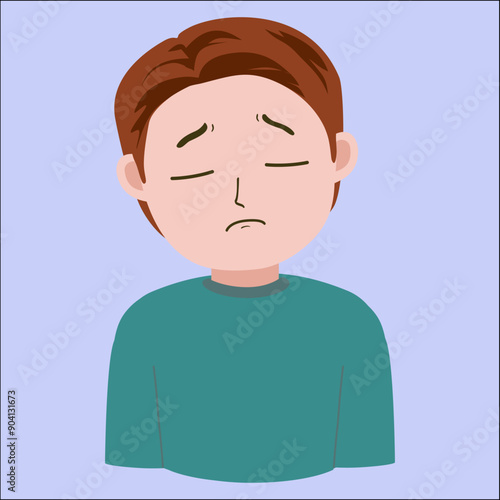 Vector illustration of young man feeling unwell, limp, sick, depressed, isolated on blue background 