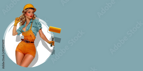 Labor Day or Builder' Day greeting card template with an attractive blonde girl wearing work overalls and a hard hat. Pin-up style vector illustration.