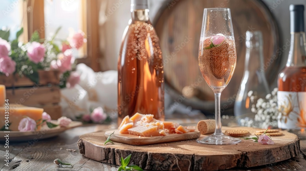 Elegant setting with rose wine, cheese, and flowers, perfect for a romantic or celebratory occasion. Natural light enhances the ambiance. Elegant setting with rose wine, cheese, and flowers, perfect for a romantic or celebratory occasion. Natural light enhances the ambiance.