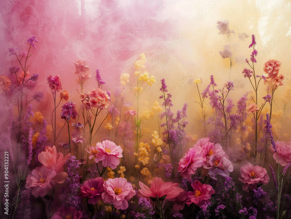 A colorful field of flowers with a pinkish hue. The flowers are arranged in a way that creates a sense of depth and movement. Scene is one of serenity and beauty