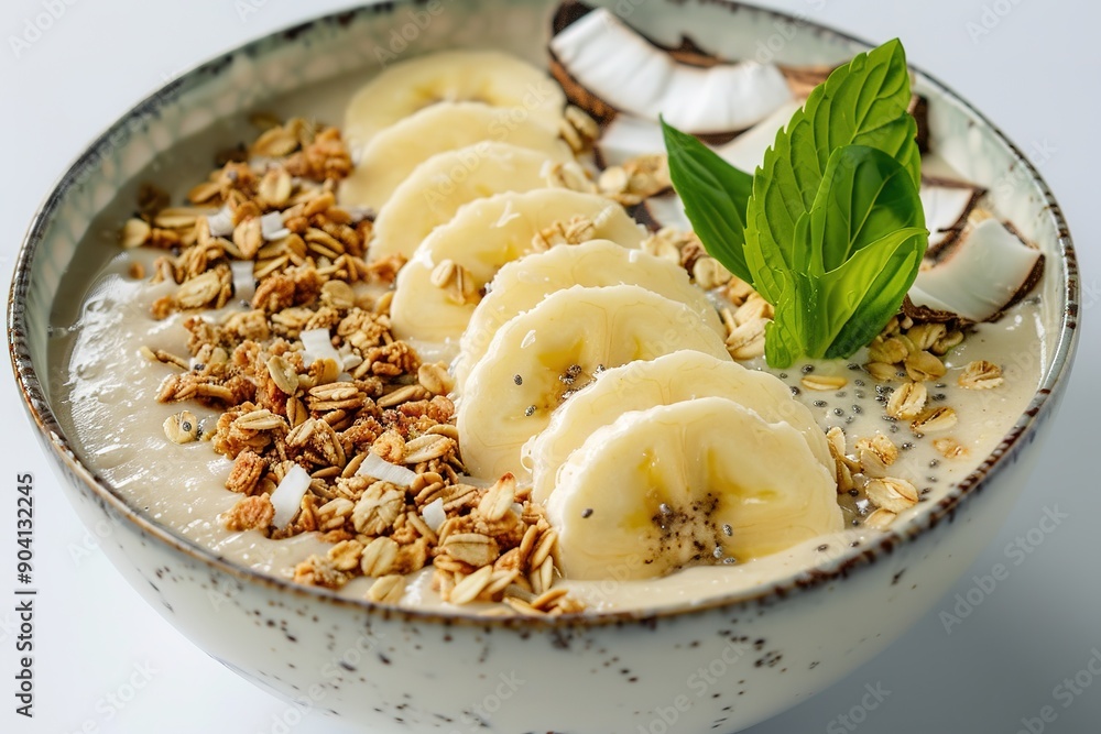 Bowl of granola with banana slices and basil leaf