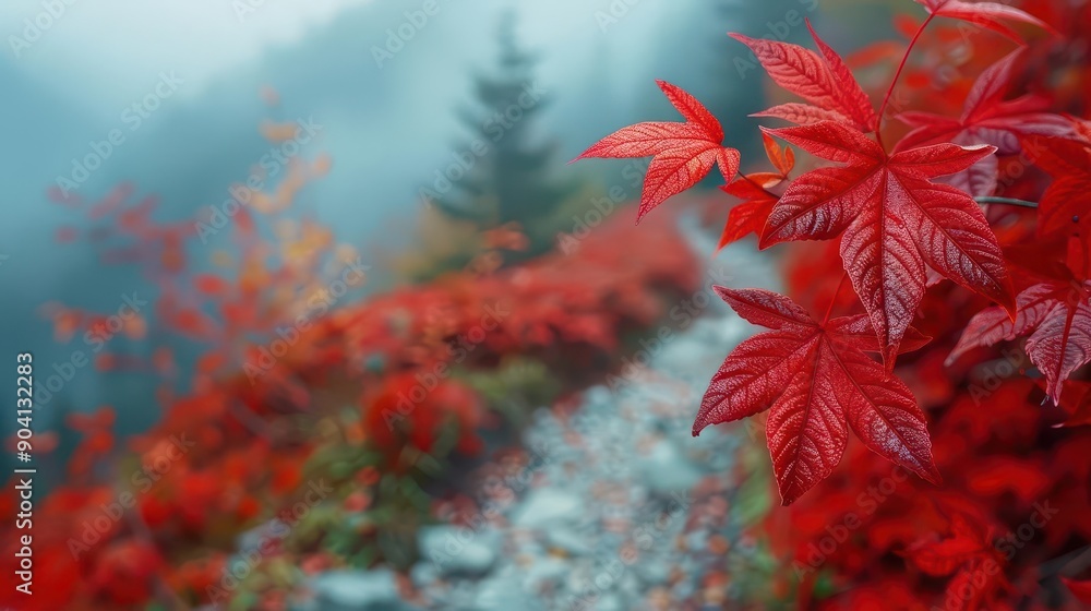 Red maple leaves with intricate detail, botanical background close up, autumn day, vibrant, manipulation, mountain trail, copy space for text Red maple leaves with intricate detail, botanical background close up, autumn day, vibrant, manipulation, mountain trail, copy space for text