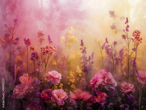 Obraz na płótnie A colorful field of flowers with a pinkish hue. The flowers are arranged in a way that creates a sense of depth and movement. Scene is one of serenity and beauty w salonie