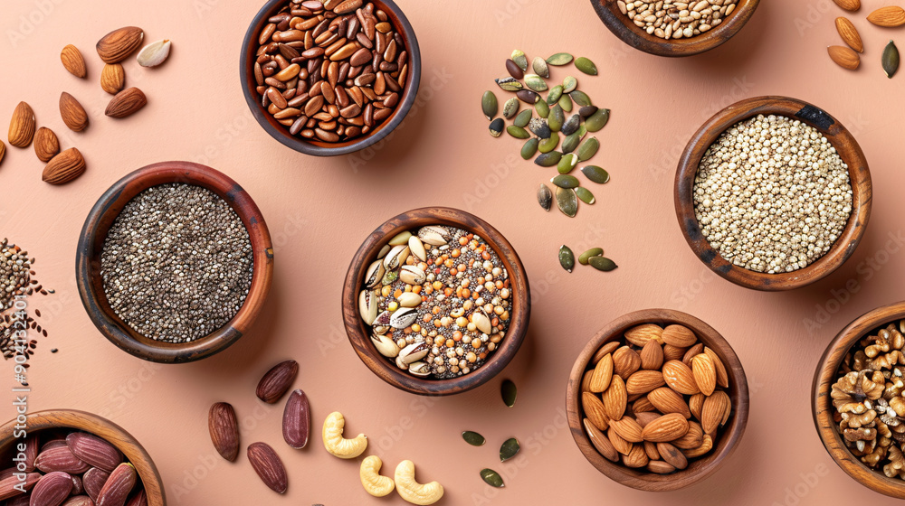 Assorted seeds and nuts in bowls Assorted seeds and nuts in bowls