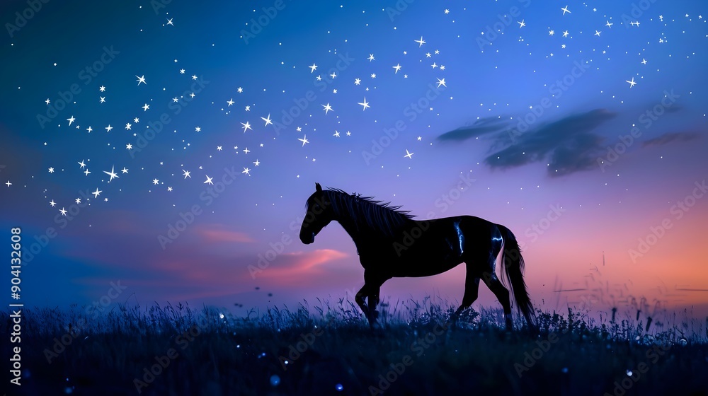 Silhouetted Horse Under Starry Night Sky in Tranquil Field Landscape Silhouetted Horse Under Starry Night Sky in Tranquil Field Landscape
