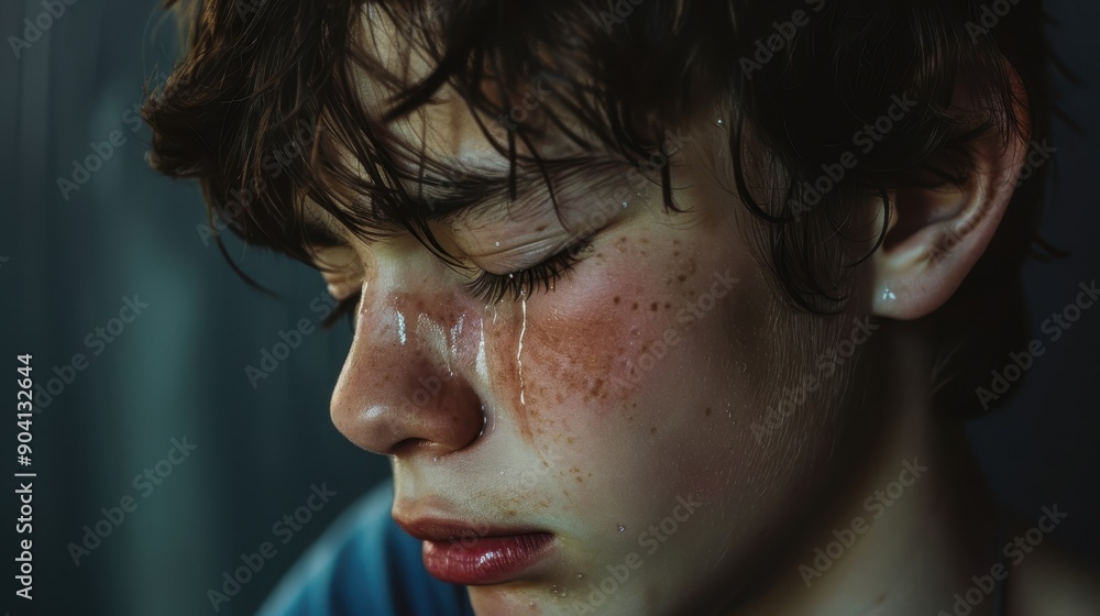Portrait of a Teenager Struggling with Emotional Distress and Tears Running Down Face Portrait of a Teenager Struggling with Emotional Distress and Tears Running Down Face