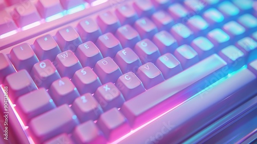 Close-up of a white keyboard illuminated with pink and blue lights. photo