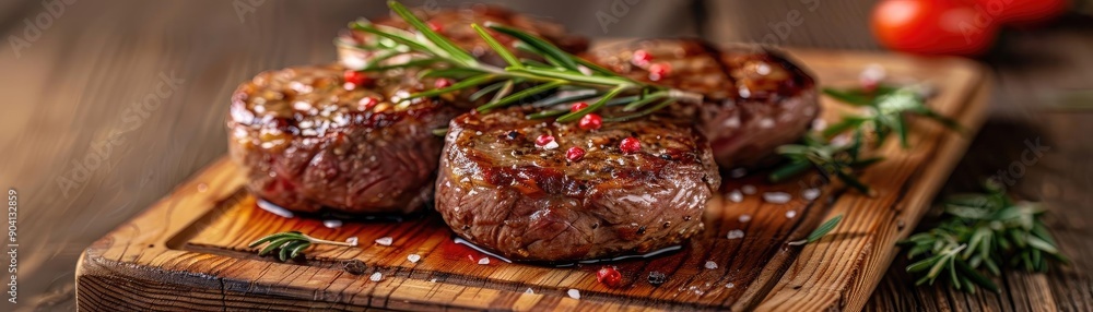 Delicious grilled steak with herbs and spices, served on a wooden cutting board, perfect for gourmet culinary presentations. Delicious grilled steak with herbs and spices, served on a wooden cutting board, perfect for gourmet culinary presentations.