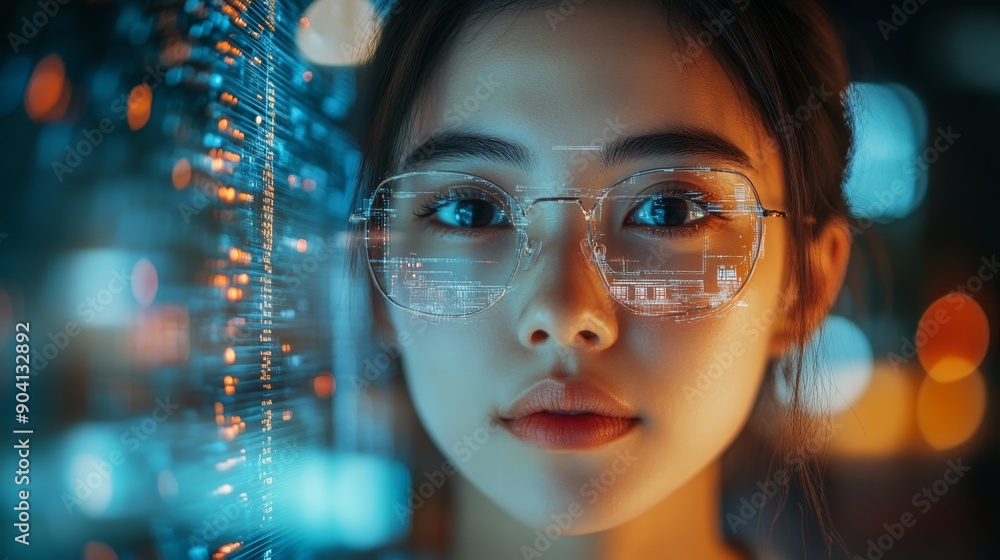 A young woman wearing glasses is surrounded by glowing data and graphs. Technology and artificial intelligence concept. A young woman wearing glasses among the charts. copy space A young woman wearing glasses is surrounded by glowing data and graphs. Technology and artificial intelligence concept. A young woman wearing glasses among the charts. copy space