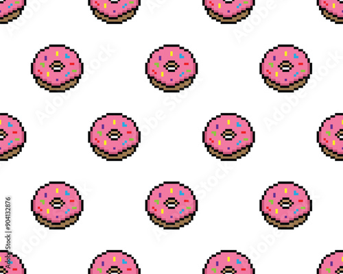 pixel donut background Seamless donuts pixelized texture pattern vector