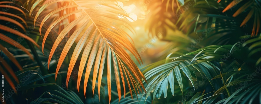 Obraz premium Sunset illuminating exotic palm leaves, botanical background close up, dusk scene, ethereal, composite, coastal path, copy space for text