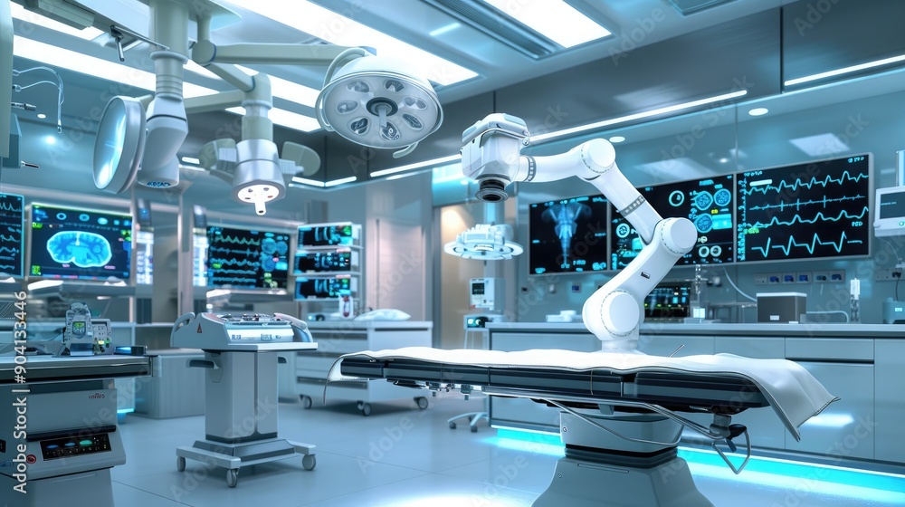 A modern operating room setup with robotic surgical arms and advanced digital displays providing real-time information. A modern operating room setup with robotic surgical arms and advanced digital displays providing real-time information.