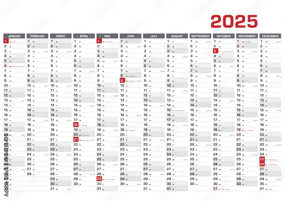Jahresplaner DIN A1 für 2025 mit KW und Feiertagen