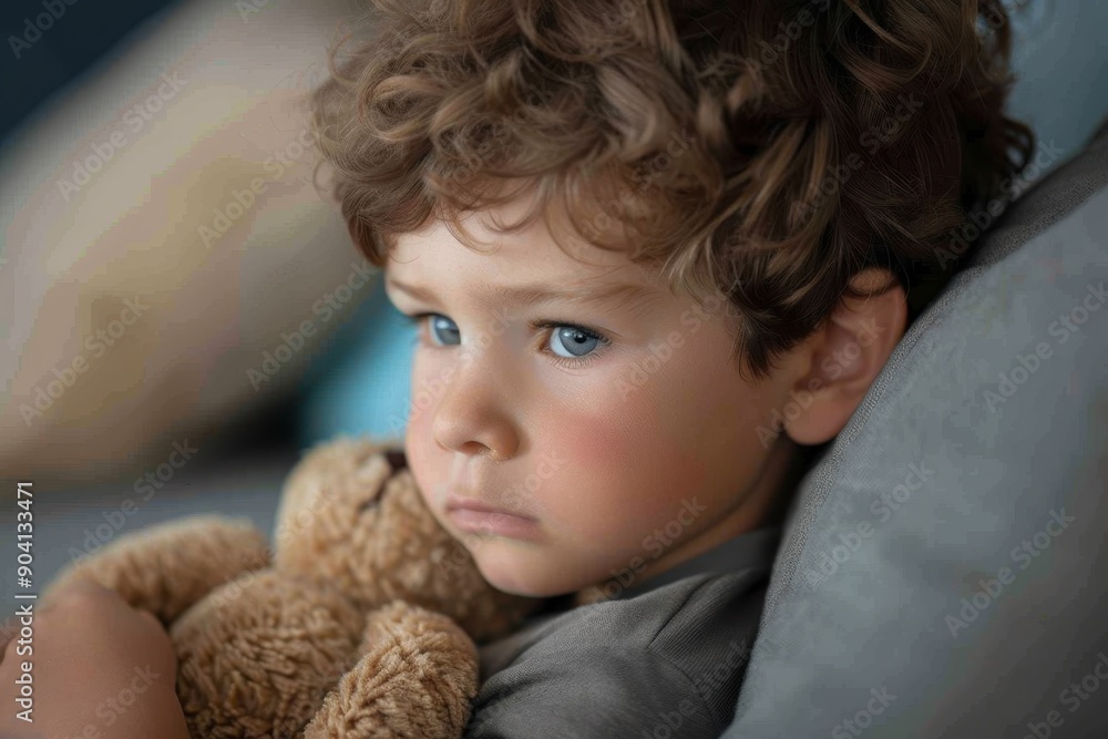 Portrait of a Thoughtful Child Holding a Teddy Bear - Concepts of Childhood Anxiety and Mental Health Reflected in the Young Boy's Expression Portrait of a Thoughtful Child Holding a Teddy Bear - Concepts of Childhood Anxiety and Mental Health Reflected in the Young Boy's Expression