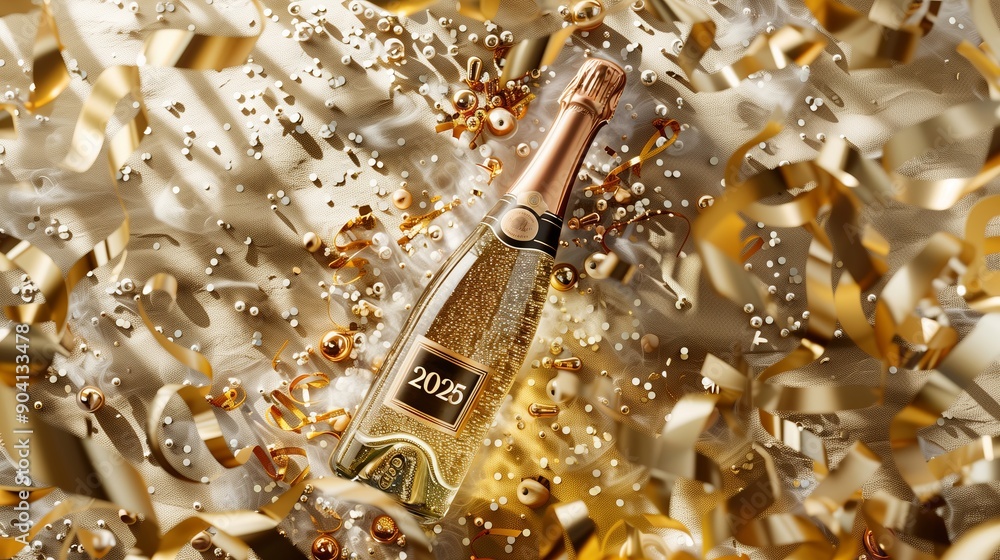 The number 2025 and gold bottle of champagne on the gold and beige background. The number 2025 and gold bottle of champagne on the gold and beige background.