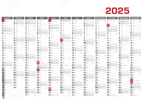 Jahresplaner DIN A1 für 2025 mit KW und Feiertagen