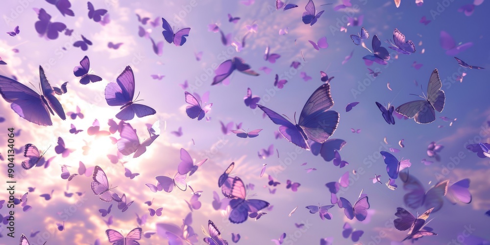 A whimsical scene filled with vibrant butterflies dancing and fluttering elegantly in a serene lavender sky above A whimsical scene filled with vibrant butterflies dancing and fluttering elegantly in a serene lavender sky above