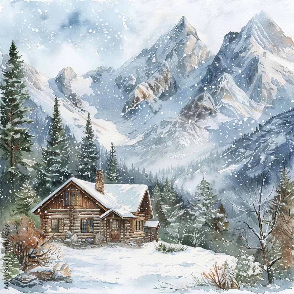 watercolor image of a cozy cabin surrounded by snow mountain and evergreen trees watercolor image of a cozy cabin surrounded by snow mountain and evergreen trees