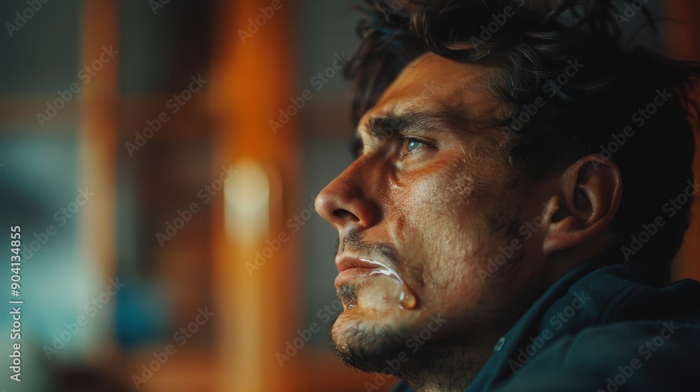 Obraz premium Portrait of a Man in Emotional Turmoil with a Single Tear, Symbolizing Mental Health Struggles