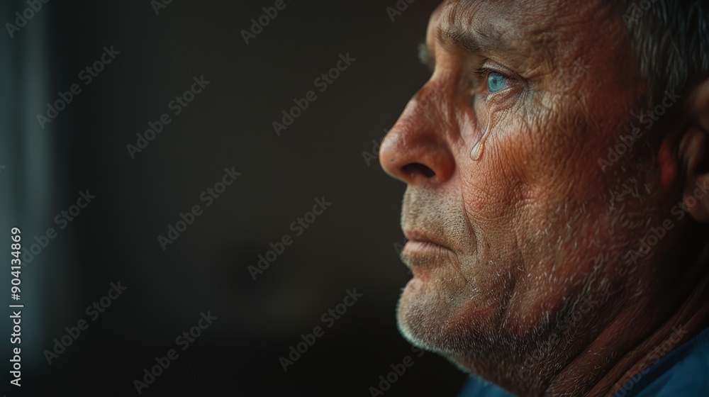 Emotional Distress: Profile of a Man with a Tear Streaking Down His Cheek in Mental Health Concept Emotional Distress: Profile of a Man with a Tear Streaking Down His Cheek in Mental Health Concept