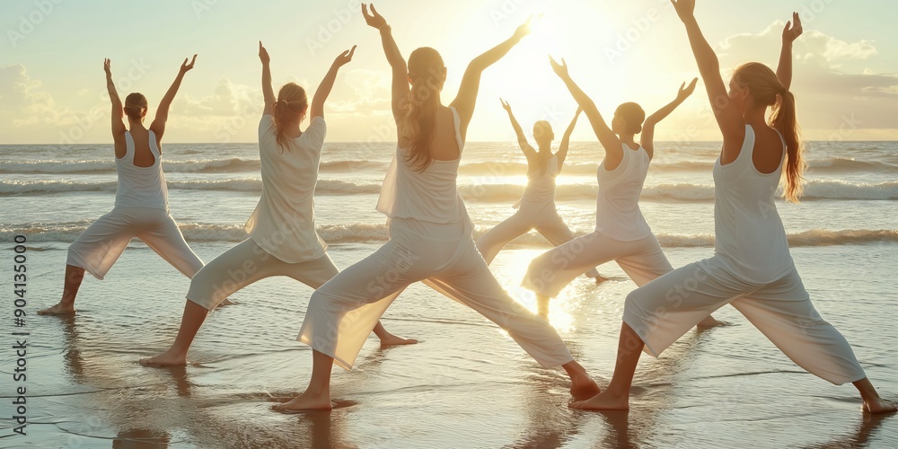 Fototapeta premium Start your day with beach yoga at dawn to improve balance, flexibility, and mindfulness. Connect with nature for overall wellbeing and inner peace, practicing poses by the sea for a harmonious start