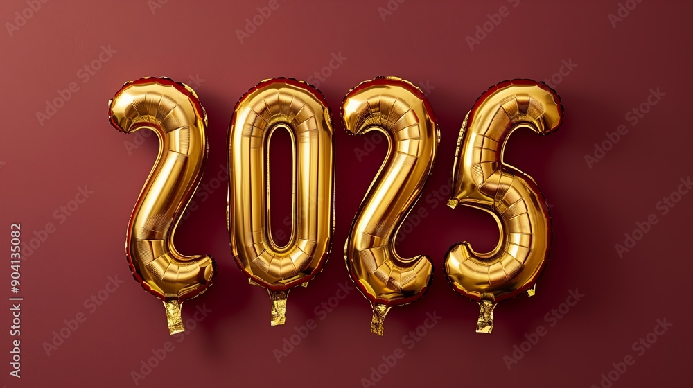 Four golden inflatable balloons formed the number 2025 on a burgundy background. Four golden inflatable balloons formed the number 2025 on a burgundy background.