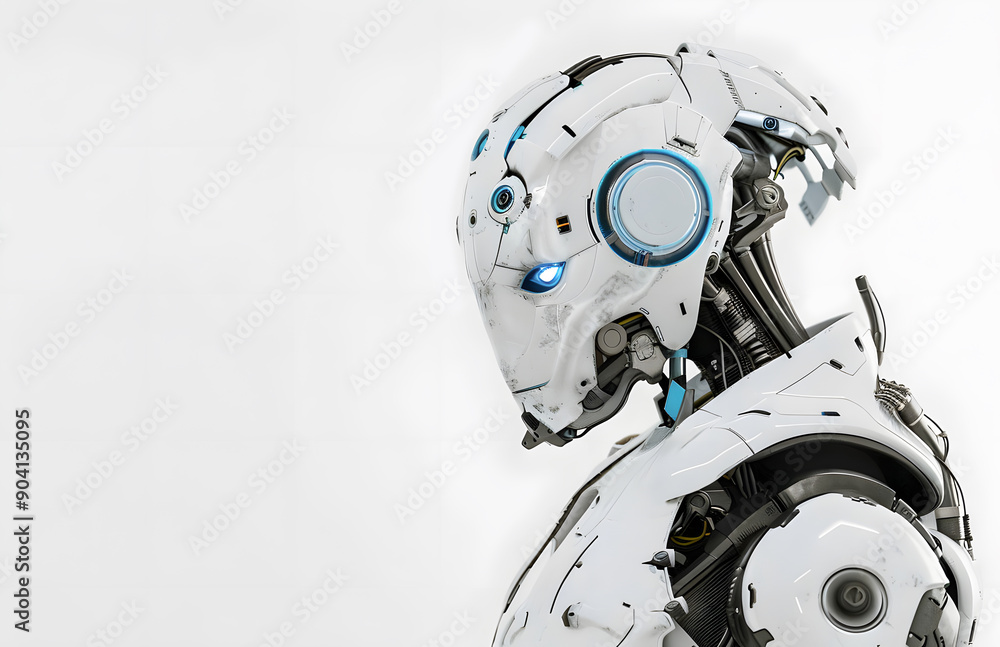 Half-Length Portrait of a Robot with Blue Eyes and Glowing Blue Torso White Background. Half-Length Portrait of a Robot with Blue Eyes and Glowing Blue Torso White Background.
