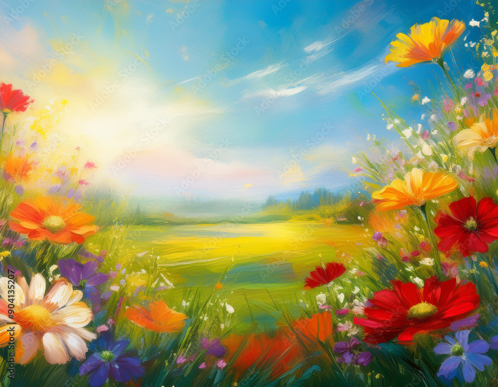 Bright Summer Floral Art Illustration Flowers Background with Copy Space for Advertising Text Bright Summer Floral Art Illustration Flowers Background with Copy Space for Advertising Text