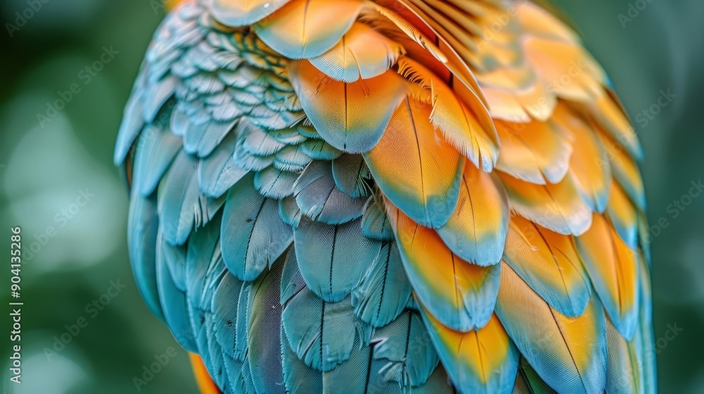 Obraz premium Macro shot of a bird's vibrant feathers showcasing intricate patterns, bird feathers, color and texture