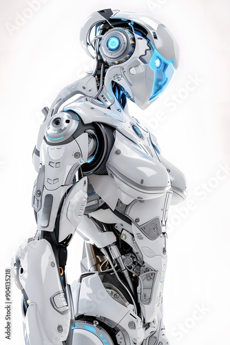 Half-Length Portrait of a Robot with Blue Eyes and Glowing Blue Torso White Background.