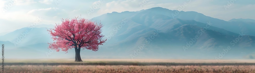 Pink Tree in Front of Misty Mountains Illustration Pink Tree in Front of Misty Mountains Illustration
