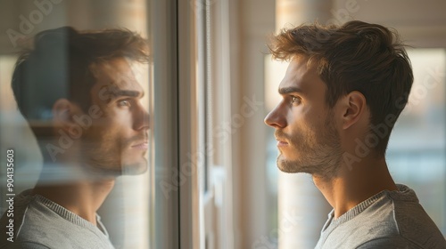 Contemplative man with self-doubt staring at reflection in mirror, pondering mental health concerns photo