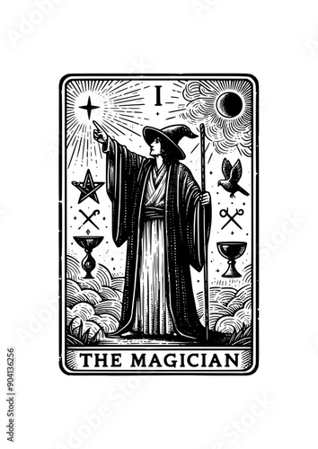 The Magician: Tarot Card Featuring Wizard, Chalice, Pentacle, Star, Staff, Bird, and Magical Symbols