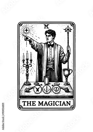 The Magician: Tarot Card Illustration Featuring Magical Elements