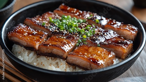 A bowl of butadon simmered pork belly slices served over steamed rice with a savorysweet sauce photo