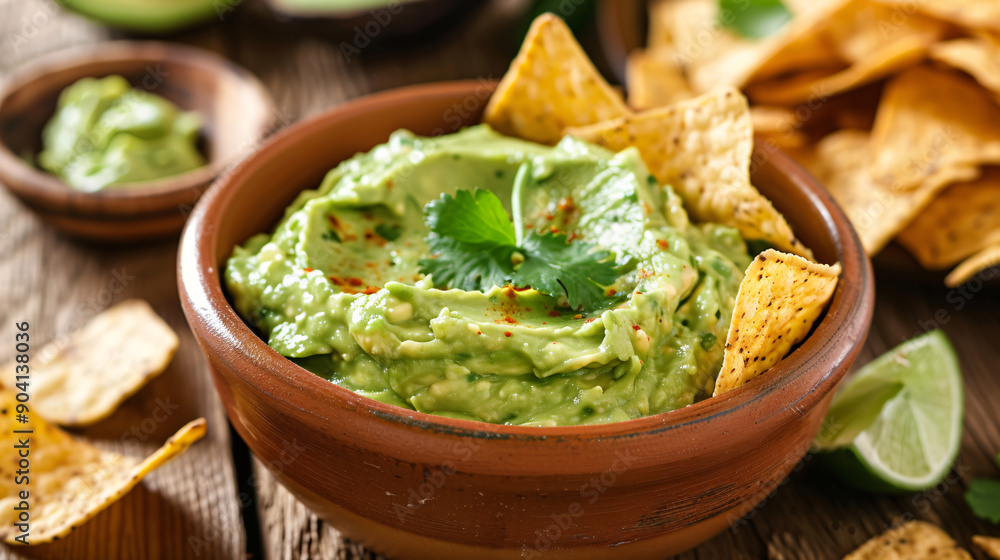 Bowl of creamy avocado dip with chips Bowl of creamy avocado dip with chips