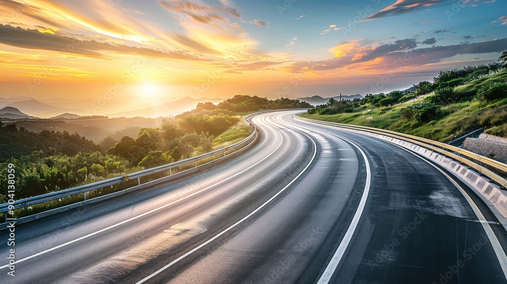A picturesque winding road at sunset, stretching through lush green hills with a vibrant sky, perfect for travel and adventure themes. A picturesque winding road at sunset, stretching through lush green hills with a vibrant sky, perfect for travel and adventure themes.
