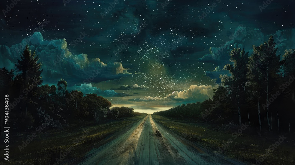 Fototapeta premium A tranquil night road stretches towards the horizon under a star-filled sky, bordered by lush forests and illuminated by the milky way.