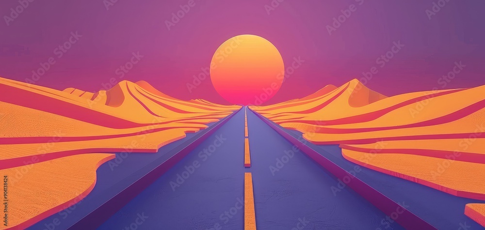 A vibrant, surreal digital illustration of a road stretching into a neon sunset, surrounded by colorful, abstract mountains. A vibrant, surreal digital illustration of a road stretching into a neon sunset, surrounded by colorful, abstract mountains.