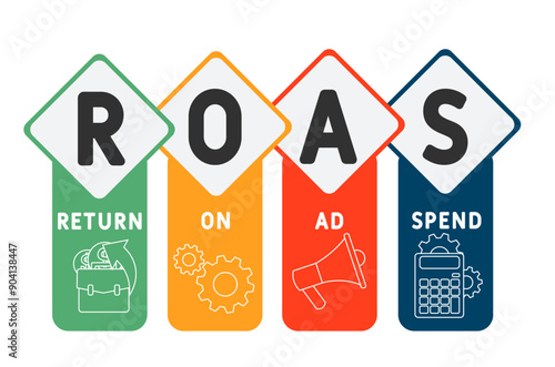 ROAS - return on ad spend acronym. business concept background. vector illustration concept with keywords and icons. lettering illustration with icons for web banner, flyer, landing