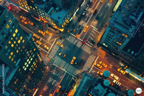 Aerial drone view of New York streets, showcasing urban landscape and architecture.