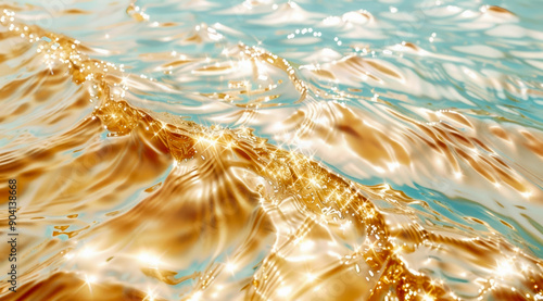 Surface water waves of sea with golden light tone, texture of glitter water and soft waves with sun glare and ripple.
