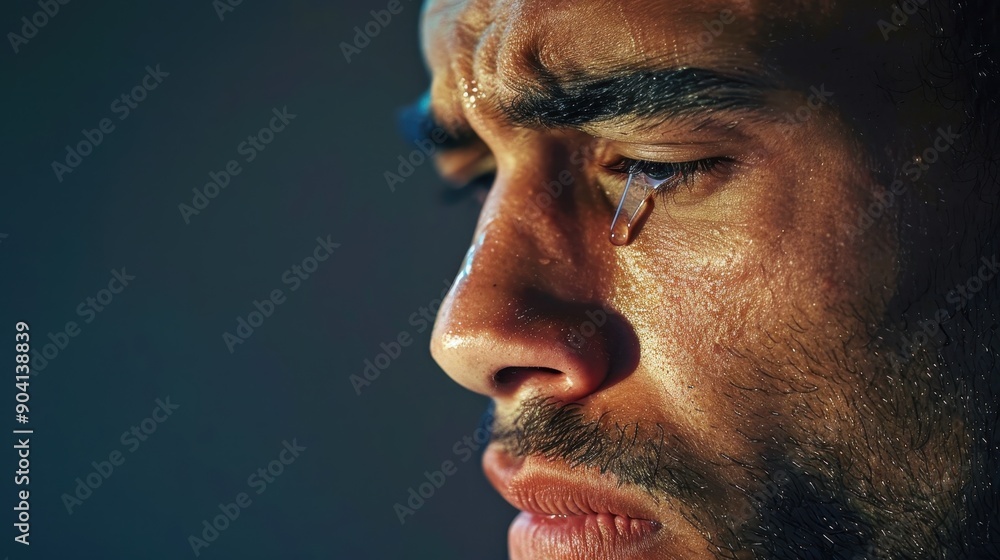 Silent Suffering - Close-up Profile of Man with Tear, Illustrating Mental Health and Emotional Distress Silent Suffering - Close-up Profile of Man with Tear, Illustrating Mental Health and Emotional Distress