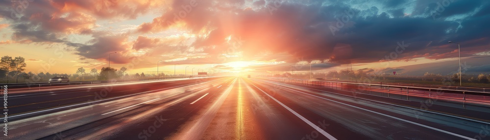 Dramatic view of an open highway during a stunning sunset, with vibrant colors and a serene, expansive sky. Dramatic view of an open highway during a stunning sunset, with vibrant colors and a serene, expansive sky.