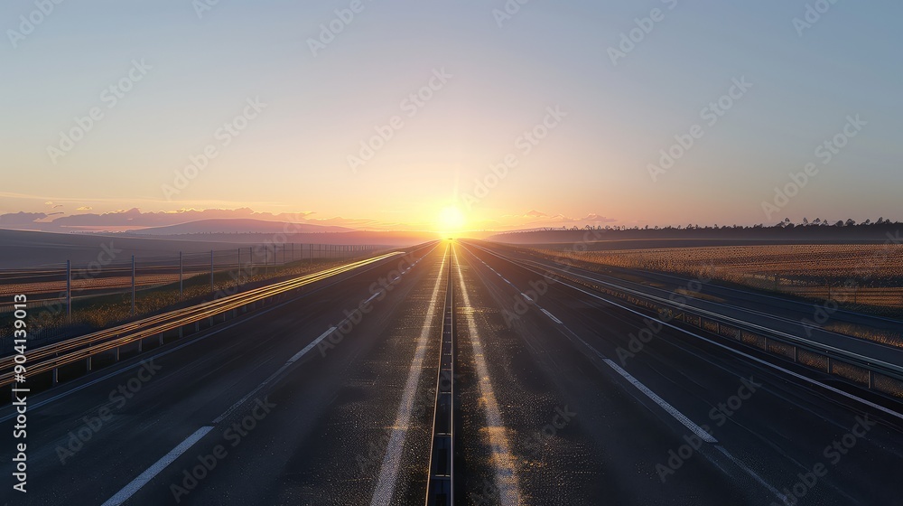Empty highway stretching into the horizon at sunrise, symbolizing new beginnings and journey under a picturesque sky. Empty highway stretching into the horizon at sunrise, symbolizing new beginnings and journey under a picturesque sky.