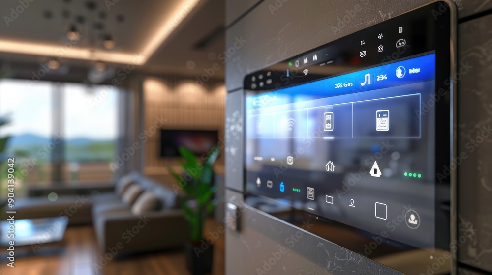 A next-gen smart home control panel with a sleek design and advanced voice recognition. A next-gen smart home control panel with a sleek design and advanced voice recognition.
