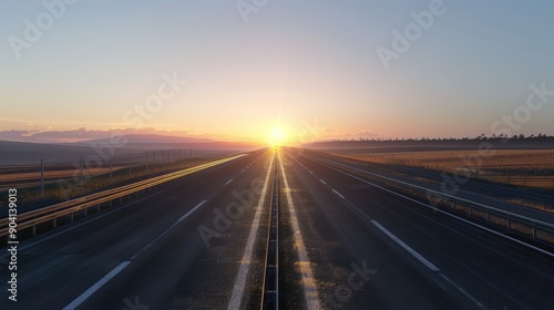 Empty highway stretching into the horizon at sunrise, symbolizing new beginnings and journey under a picturesque sky. © Suwanlee
