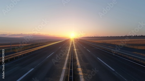 Empty highway stretching into the horizon at sunrise, symbolizing new beginnings and journey under a picturesque sky.