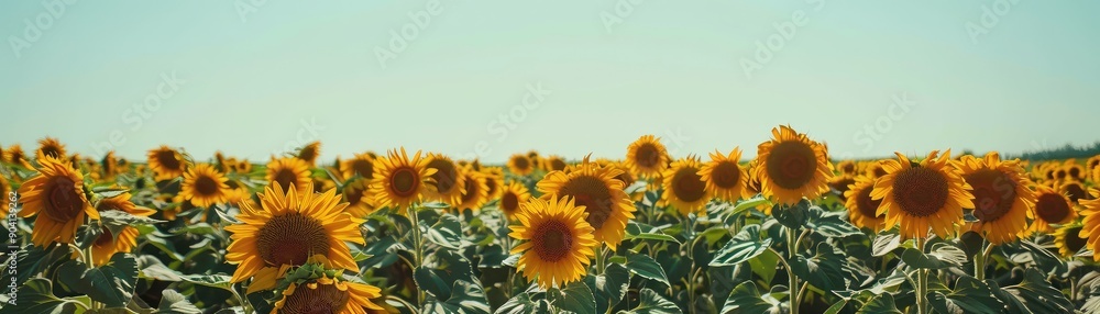 Fototapeta premium Field of vibrant sunflowers under a clear blue sky, showcasing the beauty of nature and the serenity of a summer day.